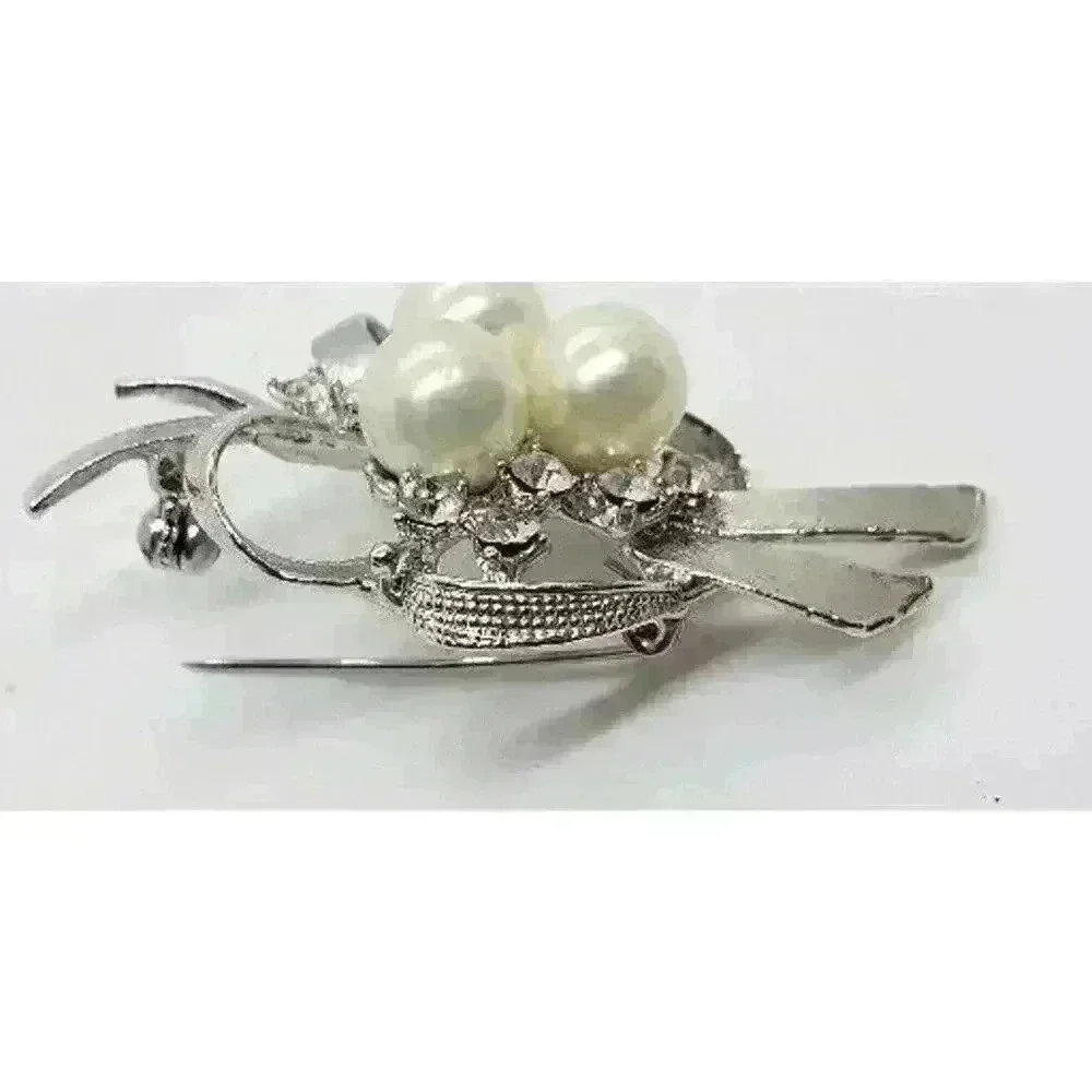 Vintage Brooch Faux Pearl Cluster & Rhinestone Ribbon & Bow Silver